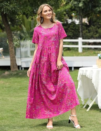 YESNO Women Casual Loose Bohemian Floral Dress with Pockets Short Sleeve Long Maxi Summer Beach Swing Dress S EJF CR414