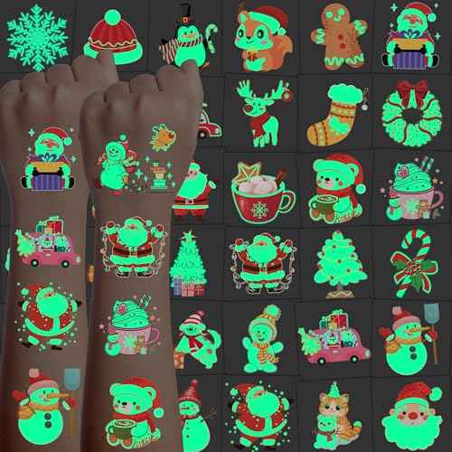 140+PCS Glow Christmas Temporary Tattoos for Kids Stocking Stuffers, Christmas Party Favors for Luminous Bulk Christmas Gifts, Christmas Accessories Kids Party Games Goodie Bag Stuffers