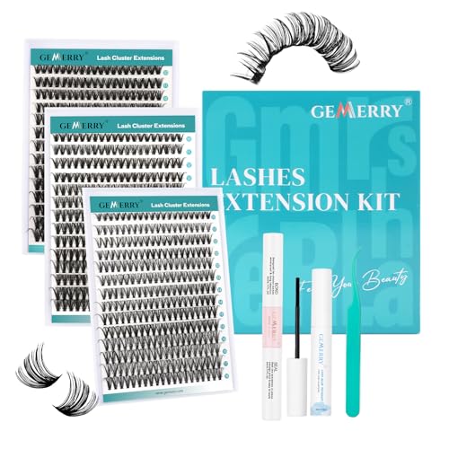 GEMERRY Lash Clusters DIY Lash Extension Kit 30D+40D+50D D Curvature Individual Lashes Eyelash Extension Kit 280 pcs Thin Band Cluster Lash Bond and Seal Tweezers with Lash Remover
