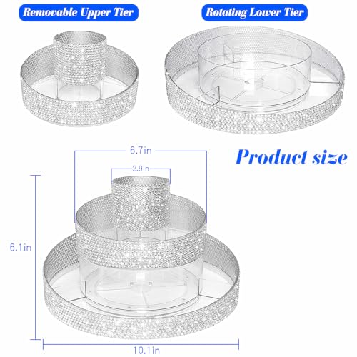 Yivaiks Bling 360 Rotating Makeup Organizer,Shiny Lazy Susan Cosmetic Storage Turntable for Skincare,Perfume & Lipstick,Glitter Round Spinning Tray with Brush Holder for Vanity,Bathroom (10"L x 10"W)