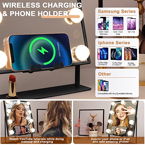 Hansong Lighted Black Vanity Mirror with Music Speaker and Wireless Charging Makeup Mirror with Lights 9 Dimmable Bulbs Lighted Hollywood Makeup Mirror 3 Color Lighting Tabletop