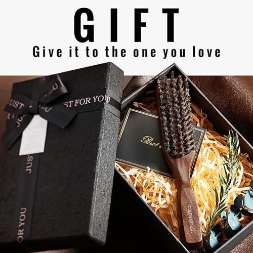 GAINWELL Mens Wild Boar Bristle Hair Brush for Men, Slick Back Hair Brush with Stiff Bristles for Thick Hair, Natural Black Walnut Wooden Handle Hairbrush, Beard Mustache Brush Comb