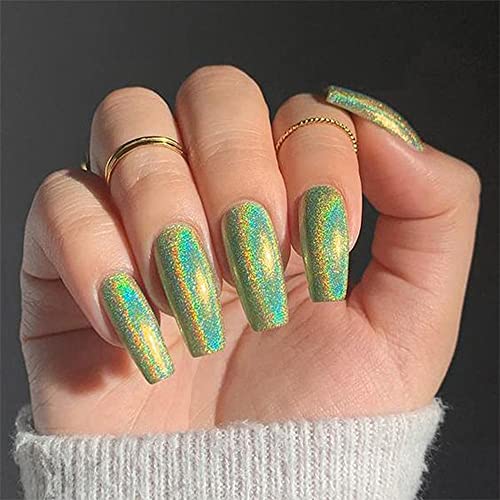 MIZHSE Green Holographic Gel Nail Polish, Laser Gel Nail Polish with Glitter Glossy Mermaid Unicorn Effect, Curing Required Nail Art Manicure Salon DIY at Home, 1PC 10Ml