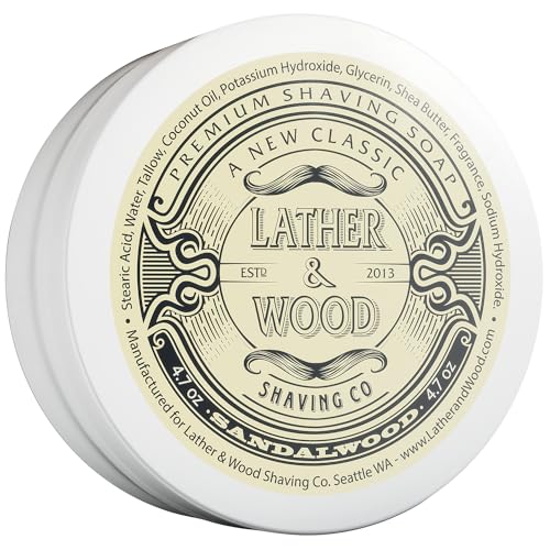 Lather & Wood Sandalwood Shaving Soap - Luxury Tallow-based Wet Shaving Cream - Dense Lather & Fresh Scent, 4.7oz