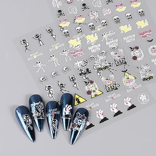 Halloween Nail Stickers 3D Self-Adhesive Nail Decals Halloween Skull Ghost Bat Pumpkin Design Cute Nail Art Stickers Glow in The Dark Nail Decorations for Women Halloween Nail Supplies (6 Sheets)