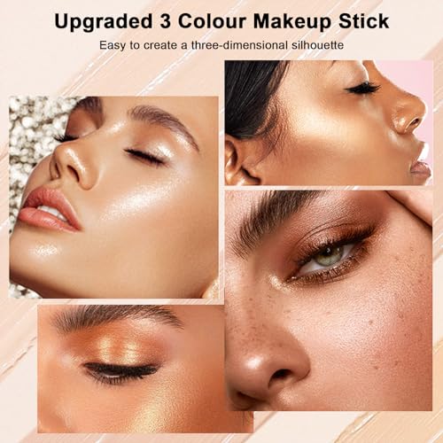 Contour Stick Makeup Set, 2024 New Face Stick Cream Blush, Bronzer Stick, Highlighter Stick for Face with Makeup Brush, Long Lasting & Natural Makeup Contour Stick for Beginner, 3 Colors (#01, 03, 05)