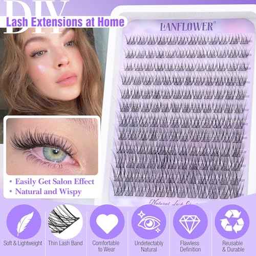 Natural Lash Clusters Kit Wispy Lash Extension Kit Waterproof Lash Clusters C Curved Cluster Eyelash Extensions Kit 144pcs Individual Lashes 10-16mm Eyelash Extension Kit by Lanflower