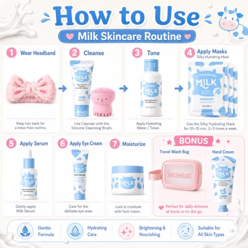 Kids & Teens Milk Skin Care Set - 12 Pieces Gentle Moisturizing Face & Body