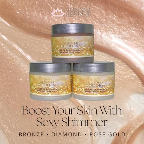 GLIMMER GODDESS Shimmer Body Butter with Organic Whipped Shea Butter for Hydration, Moisturizing & Silky Natural Glow - Bronze, Diamond & Gold in Sexy, 2oz, Pack of 3