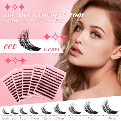 Lash Clusters Kit 60D DIY Cluster Eyelash Extensions 3D Effect D Curl 8-16mm Mixed Length Individual Lashes Kit with Lash Bond and Seal Waterproof and Applicator for DIY Lash Clusters Kit