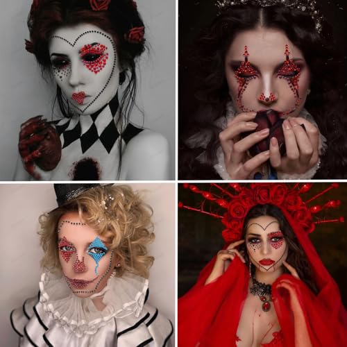 3 Pcs Clown Face Gems Jewels Makeup Sticker 3D Gemstone Face Stickers Scary Clown Rhinestone Face Jewel Glitter Sticker Temporary Tattoos for Halloween Carnival Day of the Dead Party Decoration