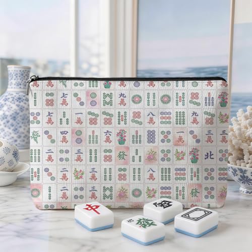 Blue Leaves American Mahjong Tile Bag with Zipper - Canvas Case