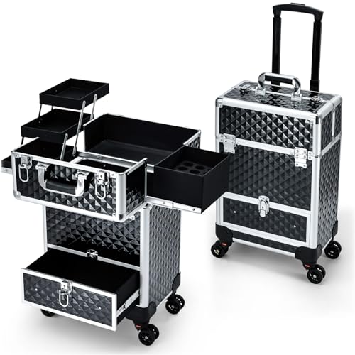 Rolling Makeup Case with 3 Sliding Trays & Wheels