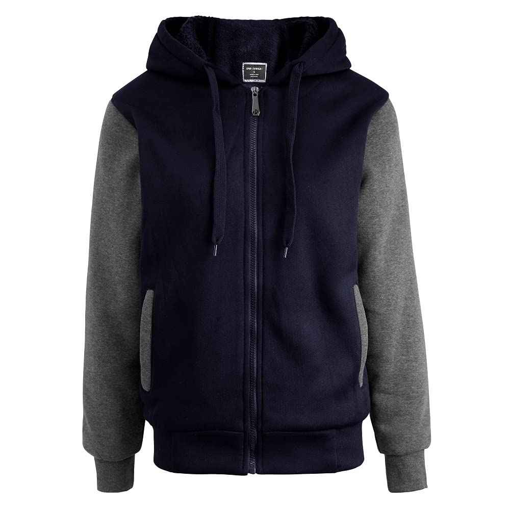 Facitisu Men Zip Up Hoodie Heavyweight Thick Fleece Coat Sherpa Lined Jacket Winter Warm Sweatshirts Navy Grey XL