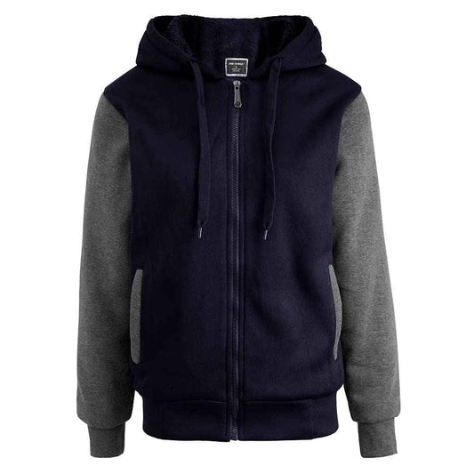 Facitisu Men Zip Up Hoodie Heavyweight Thick Fleece Coat Sherpa Lined Jacket Winter Warm Sweatshirts Navy Grey XL