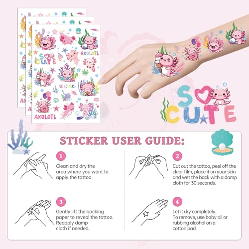 Axolotl Temporary Tattoos for Kids - 8 Sheets, 100+ Designs