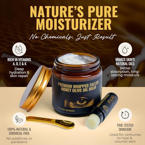 Beef Tallow and Honey Balm for Skin and Face Moisturizer Whipped with Olive Oil and Beef Tallow Lipbalm - 4oz