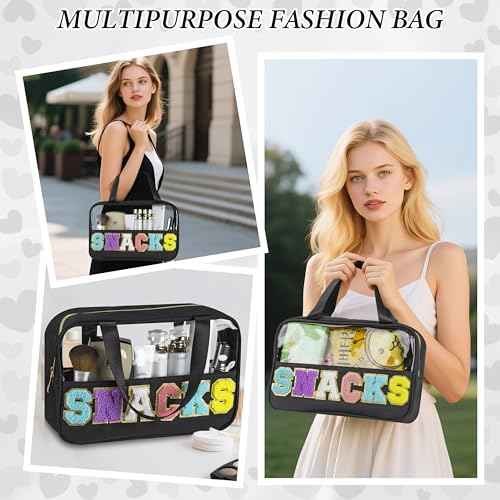 Snack Bag for Travel, Chenille Letter Clear Makeup Bag, 11.8" x 7.9" Nylon & PVC Waterproof Cosmetic Pouch with Handle and Zipper, Cute Preppy Storage Organizer Pouches for Women Girls (Black)