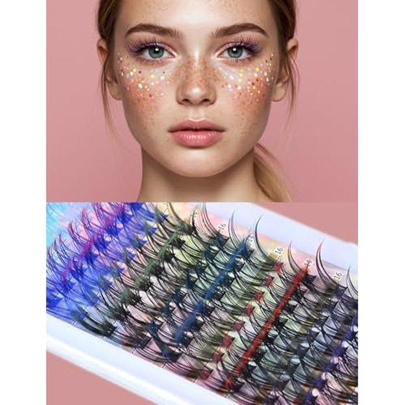 Valentine's Day Limited lashes Fairy Colored Lash Extensions Clusters,False Eyelashes, Individuals Eyelash Clusters Diy Colored Eyelash Kit 6 Colors 14/16mm D Curl Gradien Read,Green,Blue,Pink£¨96pcs)