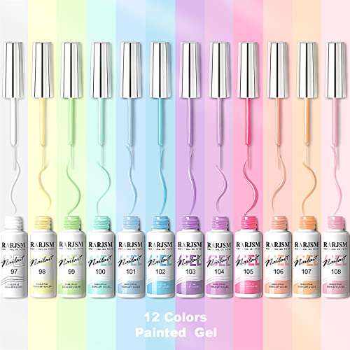 RARJSM Nail Art Gel Liner Painting Polish Set,12 Pastel Colors Spring Summer Collection,Painted Gel Nail Polish Set Build in Thin Brush Soak Off Curing Requires Salon DIY Nail Design Line Art Gel 8ML