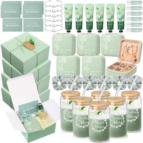 Teenyyou 60 Pcs Bridesmaid Proposal Gifts Bridesmaid Box Set Maid of Honor Gifts Wedding Bridal Shower Include Jewelry Box Glass Cup Scrunchies Hair Knotted Bracelets Hand Cream Lip Balm Cards(Green)