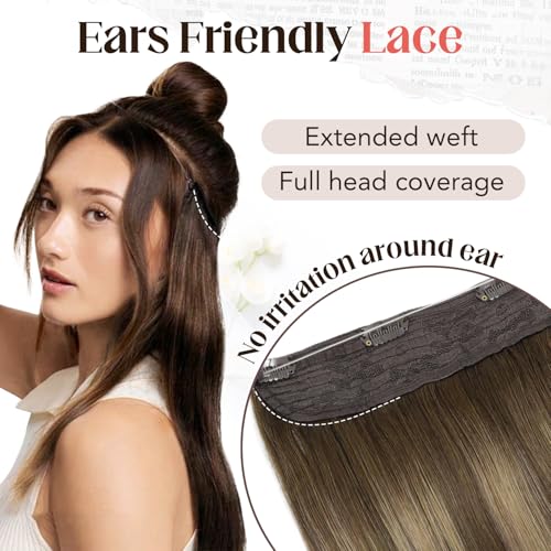 XDhair Wire Hair Extensions 14 Inch 70g Balayage Color Chocolate Brown to Caramel Blonde Invisible Wire Hair Extensions Real Human Hair Hairpiece(#4/27/4-14inch)