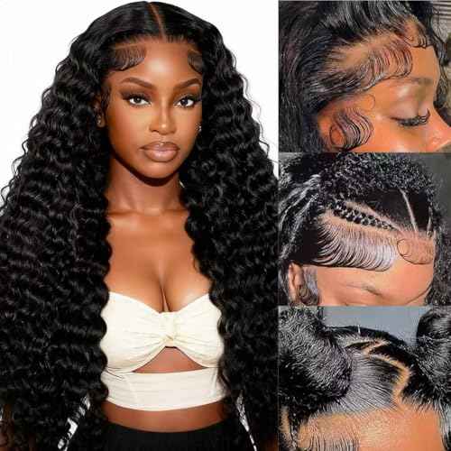 30 Inch 13x6 Deep Wave Lace Front Wigs Human Hair 200 Density Hd Transparent Lace Frontal Wigs Human Hair Pre Plucked with Baby Hair Glueless Deep Curly Wig for Women Natural Color