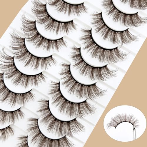 Brown Eyelashes Natural Look Dark Brown False Lashes Wispy Faux Mink Lashes Fluffy Fake Lashes 3D Strip Evelashes Pack 10 Pairs(MQ607)