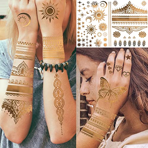Bilizar 9 Sheets Flash Gold Temporary Tattoos - 110+ Designs