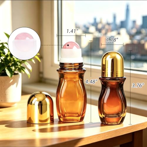 50ml Rose Quartz Amber Glass Roller Bottle Set - Empty Leakproof 2 Pack with Funnel & Opener