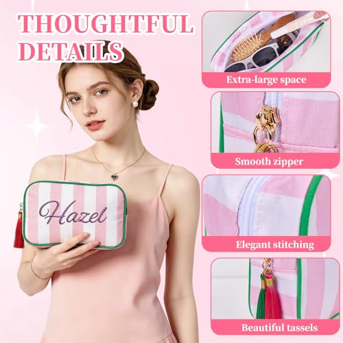 Personalized Embroidered Striped Cosmetic Bag with Name - Waterproof Travel Makeup Case