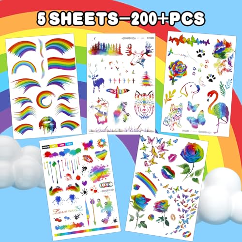 200+ PCS Pride Rainbow Tattoos Stickers LGBT LGBTQ Flag Decorations Accessories Temporary Sticker Pride Month Gay Birthday Party Gifts Boys Girls Men Woman Cute Fake Tattoo Themed Festival