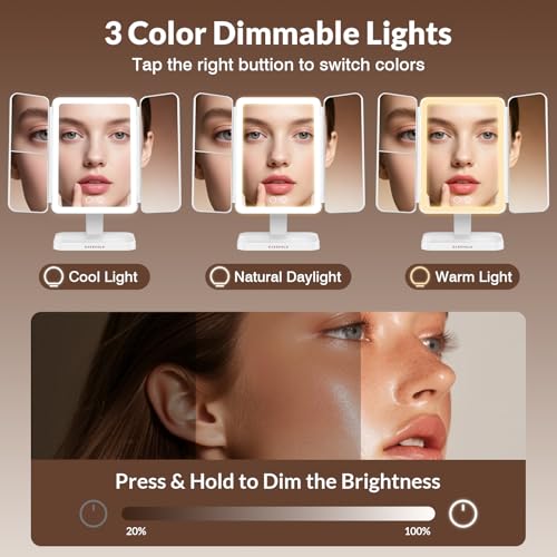 EASEHOLD Rechargeable Trifold Lighted Makeup Mirror 64 LED 1X/2X/3X