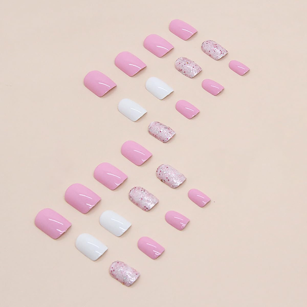 24 Pcs Pink Press on Nails Short Square Fake Nails with Glitter Design Pink White False Nails Glue on Nails Glossy Acrylic Nails Supplies for Women Girls Nails Decoration