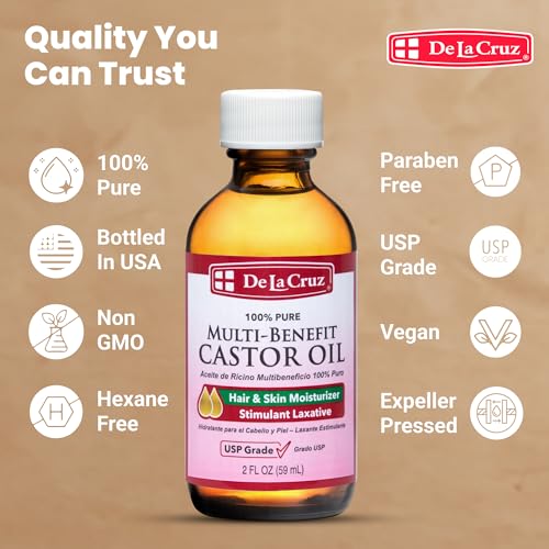 De La Cruz Castor Oil - 100% Pure Castor Oil for Hair, Skin, Eyelashes, and Eyebrows - USP Grade, 2 FL Oz (3 Glass Bottles)
