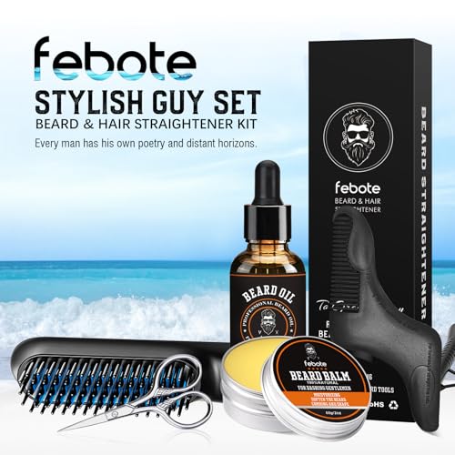 Beard Straightener Kit for Man- Heated Grooming Beard Brush, Beard Balm,Comb,Beard Growth Oil, Value Gift Set for Fathers Day,No-Scald,for Soft,Thick,Curly Beard,Prevent Damage