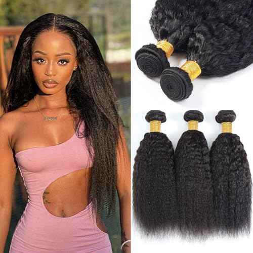 Kinky Straight Bundles 100% Human Hair Bundles Yaki Straight Bundles Human Hair 3 Bundles 20 22 24 Inch Raw Virgin Human Hair Weave Weft Bundles Natural Black Color