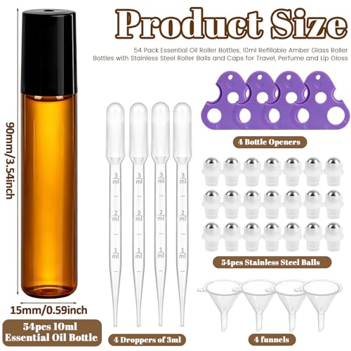 GGOLDMER 54 Pack 10ml Amber Glass Roller Bottles for Essential Oils