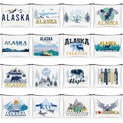 16 Pcs Alaska Cosmetic Bag Souvenir Gifts Makeup Bag Travel Vacation Zipper Pouch Purse for Women Birthday Trip Gifts Party Favors