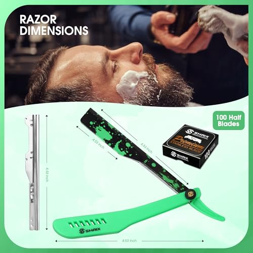 ShaiX Shavette Straight Razor for Men with Pack of 100 Single Blades ? Barber Straight Razor & Straight Edge Razor Kit for Beard Shaving, Line Up & Mustache (Green)