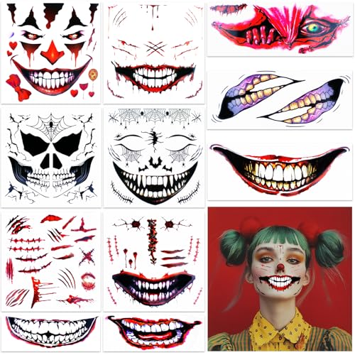 Halloween Scary Face Tattoos, 11 Sheets Waterproof Stickers