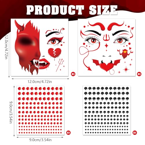 Red Devil Face Temporary Tattoos with Diamond Stickers - 4 Sheets