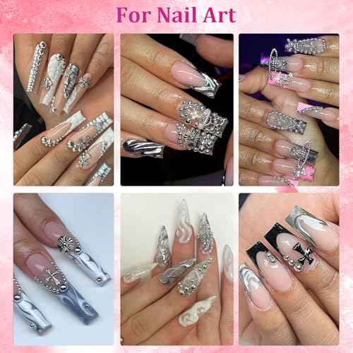 Belleboost Silver Nail Charms and Gems, Half Round Flatback Pearl Nail Charms, Nail Pearls Rhinestones Kit Silver Beads for Nails with Pencil and Tweezer for DIY Nail Art, Face Makeup and Crafting