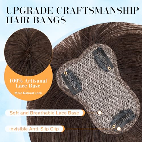 TESS Real Human Hair Bangs Toppers for Women - Clip-In, 10" Dark Brown