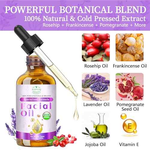 Organic Face Oil with Lavender, Rosehip, Frankincense, Pomegranate & Vitamin E - USDA Certified Cold Pressed 100% Natural Anti-Aging Facial Oil for Moisturizing, Brightening - 1oz / 30ml