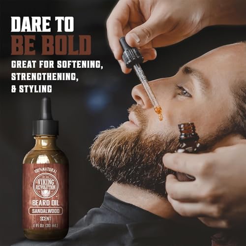 Viking Revolution Sandalwood Beard Balm for Men (2oz) and Sandalwood Beard Oil (1 fl oz) Bundle - With Argan and Jojoba Oils - Soften and Moisturize - Stocking Stuffers for Men