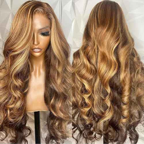 250% Density Highlight Ombre Lace Frontal Wig 13x6 Human Hair Honey Blonde HD Lace Front Wig Pre Plucked with Baby Hair brown 4/27 Colored body Lace Front wig Glueless for Women Natural Hairline