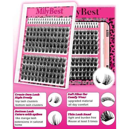MilyBest Fluffy Lash Clusters Kit Volume Eyelash Clusters with Bottom Lashes 10-18mm Individual Lashes Clusters Manga Lash Extension Kit Waterproof Bond and Seal Thick Full D-Curly Eyelashes, Fable