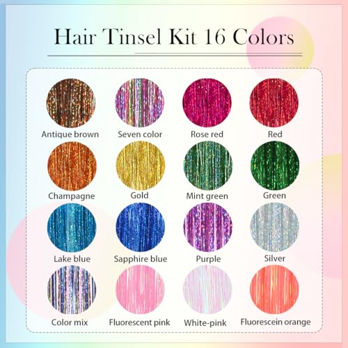 Hair Tinsel Kit 16 Colors 4800 Strands 48 inches