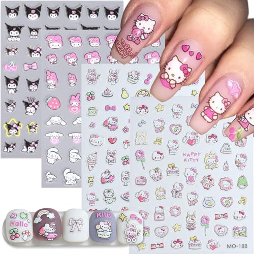 4 Sheets 5D Anime Cartoon Nail Stickers Cute Nail Art Stickers - Relief Flowers Rabbit Clouds Camellia Butterfly Wishing Bottle Nail Decals for Press on Nails Self Adhesive Decorations